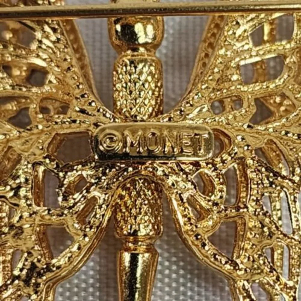 Monet Signed Gold Tone Double Winged Butterfly Filigree Brooch Pin Vintage Fancy